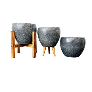 Gri Granit Toprak Saksı Saksılık Salon Çiçeklik Üçlü Set - 15 Cm