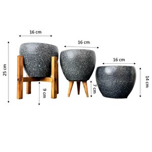 Gri Granit Toprak Saksı Saksılık Salon Çiçeklik Üçlü Set - 15 Cm