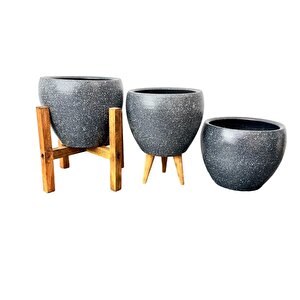 Bitki Tasarımı Gri Granit Toprak Saksı Saksılık Salon Çiçeklik Üçlü Set - 15 Cm