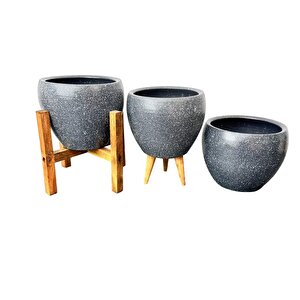 Bitki Tasarımı Gri Granit Toprak Saksı Saksılık Salon Çiçeklik Üçlü Set - 15 Cm