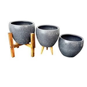 Bitki Tasarımı Gri Granit Toprak Saksı Saksılık Salon Çiçeklik Üçlü Set - 15 Cm