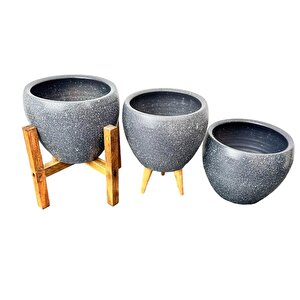 Bitki Tasarımı Gri Granit Toprak Saksı Saksılık Salon Çiçeklik Üçlü Set - 15 Cm