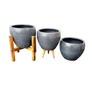Bitki Tasarımı Gri Granit Toprak Saksı Saksılık Salon Çiçeklik Üçlü Set - 15 Cm