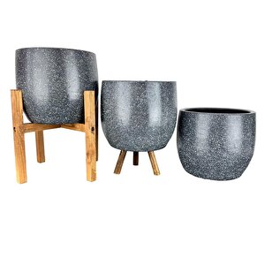 Gri Granit Toprak Saksı Saksılık Salon Çiçeklik Üçlü Set- 19 Cm