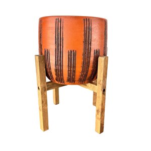 Siyah Çizgi Desenli Toprak Saksı Saksılık Salon Çiçeklik 4 Ayaklı - 19 Cm