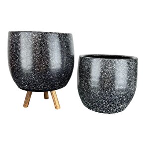 Siyah Granit Toprak Saksı Saksılık Salon Çiçeklik İkili Set Ayaksız - 3 Ayaklı- 19 Cm