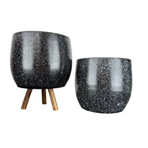 Siyah Granit Toprak Saksı Saksılık Salon Çiçeklik İkili Set Ayaksız - 3 Ayaklı- 19 Cm