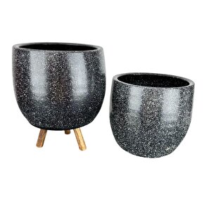 Bitki Tasarımı Siyah Granit Toprak Saksı Saksılık Salon Çiçeklik İkili Set Ayaksız - 3 Ayaklı- 19 Cm