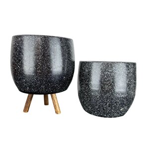 Bitki Tasarımı Siyah Granit Toprak Saksı Saksılık Salon Çiçeklik İkili Set Ayaksız - 3 Ayaklı- 19 Cm