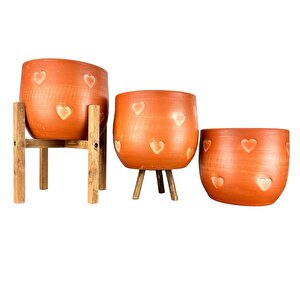 Aksesuar Kalp Desenli Toprak Saksı Saksılık Salon Çiçeklik Üçlü Set - 19 Cm