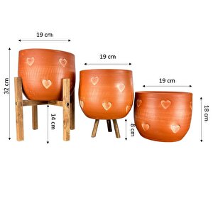 Aksesuar Kalp Desenli Toprak Saksı Saksılık Salon Çiçeklik Üçlü Set - 19 Cm