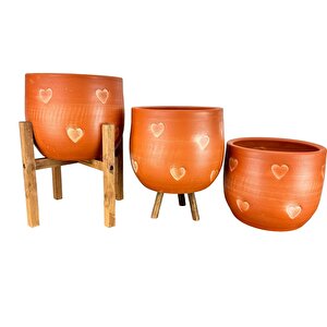 Aksesuar Kalp Desenli Toprak Saksı Saksılık Salon Çiçeklik Üçlü Set - 19 Cm