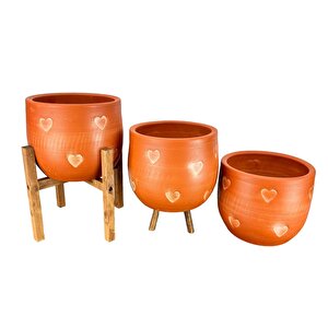 Bitki Tasarımı Aksesuar Kalp Desenli Toprak Saksı Saksılık Salon Çiçeklik Üçlü Set - 19 Cm