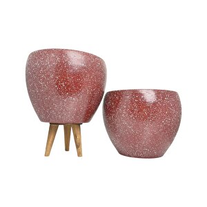Bordo Granit Toprak Saksı Saksılık Salon Çiçeklik İkili Set Ayaksız - 3 Ayaklı- 15 Cm