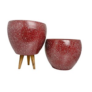Bordo Granit Toprak Saksı Saksılık Salon Çiçeklik İkili Set Ayaksız - 3 Ayaklı- 15 Cm
