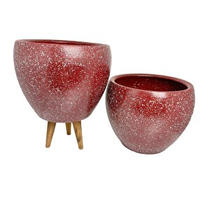 Bitki Tasarımı Bordo Granit Toprak Saksı Saksılık Salon Çiçeklik İkili Set Ayaksız - 3 Ayaklı- 15 Cm