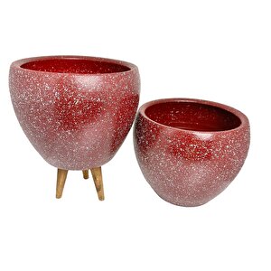 Bitki Tasarımı Bordo Granit Toprak Saksı Saksılık Salon Çiçeklik İkili Set Ayaksız - 3 Ayaklı- 15 Cm