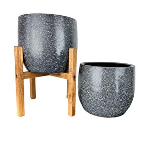 Gri Granit Toprak Saksı Saksılık Salon Çiçeklik İkili Set Ayaksız - 4 Ayaklı- 19 Cm