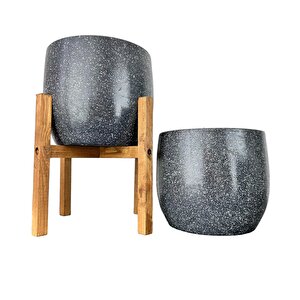 Gri Granit Toprak Saksı Saksılık Salon Çiçeklik İkili Set Ayaksız - 4 Ayaklı- 19 Cm