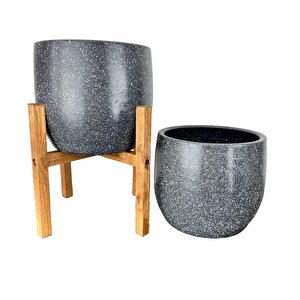Bitki Tasarımı  Gri Granit Toprak Saksı Saksılık Salon Çiçeklik İkili Set Ayaksız - 4 Ayaklı- 19 Cm