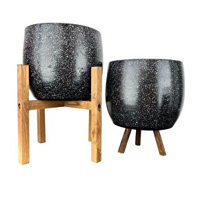 Siyah Granit Toprak Saksı Saksılık Salon Çiçeklik İkili Set 3 Ayaklı- 4 Ayaklı- 19 Cm