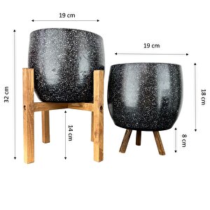 Ev Dekorasyon Aksesuar Siyah Granit Toprak Saksı Saksılık Salon Çiçeklik İkili Set 3 Ayaklı- 4 Ayaklı- 19 Cm