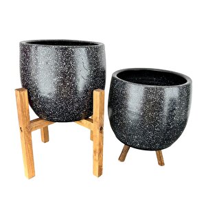 Ev Dekorasyon Aksesuar Siyah Granit Toprak Saksı Saksılık Salon Çiçeklik İkili Set 3 Ayaklı- 4 Ayaklı- 19 Cm
