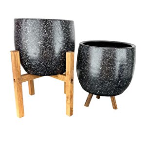 Siyah Granit Toprak Saksı Saksılık Salon Çiçeklik İkili Set 3 Ayaklı- 4 Ayaklı- 19 Cm
