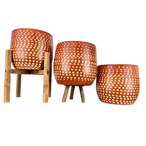 Siyah Nokta Desenli Toprak Saksı Saksılık Salon Çiçeklik - 19 Cm