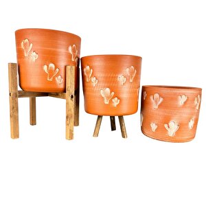 Kaktüs Desenli Toprak Saksı Saksılık Salon Çiçeklik Üçlü Set - 19 Cm