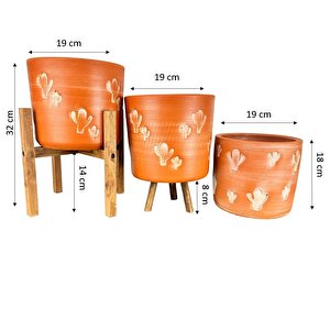 Kaktüs Desenli Toprak Saksı Saksılık Salon Çiçeklik Üçlü Set - 19 Cm