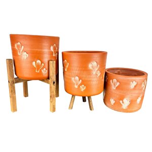 Bitki Tasarımı Kaktüs Desenli Toprak Saksı Saksılık Salon Çiçeklik Üçlü Set - 19 Cm