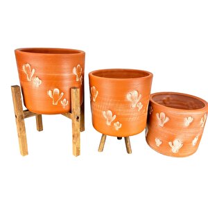 Bitki Tasarımı Kaktüs Desenli Toprak Saksı Saksılık Salon Çiçeklik Üçlü Set - 19 Cm
