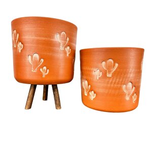 Kaktüs Desenli Toprak Saksı Saksılık Salon Çiçeklik İkili Set Ayaksız - 3 Ayaklı- 19 Cm