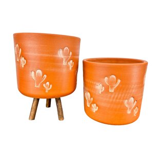 Kaktüs Desenli Toprak Saksı Saksılık Salon Çiçeklik İkili Set Ayaksız - 3 Ayaklı- 19 Cm