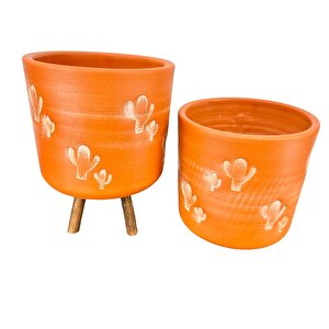 Bitki Tasarımı  Kaktüs Desenli Toprak Saksı Saksılık Salon Çiçeklik İkili Set Ayaksız - 3 Ayaklı- 19 Cm