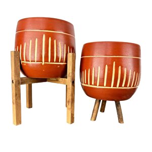 Dik Çizgi Desenli Toprak Saksı Saksılık Salon Çiçeklik İkili Set 3 Ayaklı- 4 Ayaklı- 19 Cm
