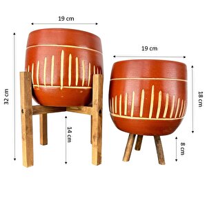 Dik Çizgi Desenli Toprak Saksı Saksılık Salon Çiçeklik İkili Set 3 Ayaklı- 4 Ayaklı- 19 Cm