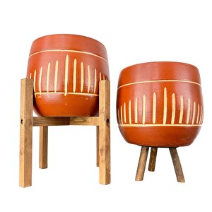 Dik Çizgi Desenli Toprak Saksı Saksılık Salon Çiçeklik İkili Set 3 Ayaklı- 4 Ayaklı- 19 Cm