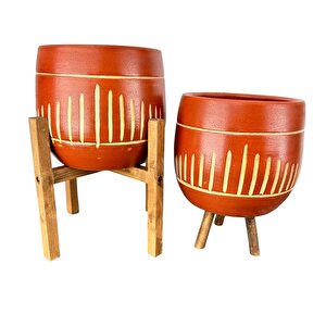Bitki Tasarımı Dik Çizgi Desenli Toprak Saksı Saksılık Salon Çiçeklik İkili Set 3 Ayaklı- 4 Ayaklı- 19 Cm