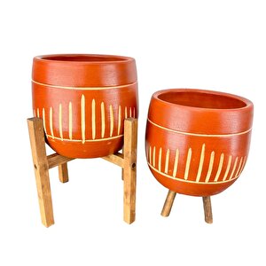 Bitki Tasarımı Dik Çizgi Desenli Toprak Saksı Saksılık Salon Çiçeklik İkili Set 3 Ayaklı- 4 Ayaklı- 19 Cm