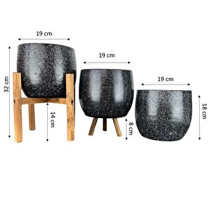 Siyah Granit Toprak Saksı Saksılık Salon Çiçeklik Üçlü Set- 19 Cm