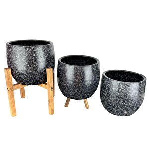 Siyah Granit Toprak Saksı Saksılık Salon Çiçeklik Üçlü Set- 19 Cm