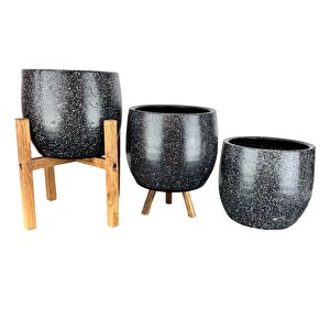 Bitki Tasarımı Siyah Granit Toprak Saksı Saksılık Salon Çiçeklik Üçlü Set- 19 Cm