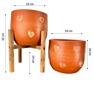 Kalp Desenli Toprak Saksı Saksılık Salon Çiçeklik İkili Set Ayaksız - 4 Ayaklı- 19 Cm