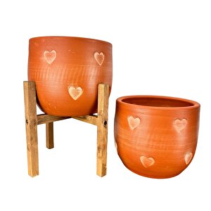 Kalp Desenli Toprak Saksı Saksılık Salon Çiçeklik İkili Set Ayaksız - 4 Ayaklı- 19 Cm
