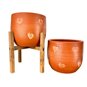 Bitki Tasarımı Kalp Desenli Toprak Saksı Saksılık Salon Çiçeklik İkili Set Ayaksız - 4 Ayaklı- 19 Cm
