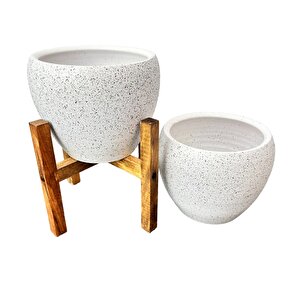 Bitki Tasarımı Ev Dekorasyon Beyaz Granit Toprak Saksı Saksılık Salon Çiçeklik İkili Set Ayaksız - 4 Ayaklı- 15 Cm