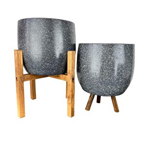 Gri Granit Toprak Saksı Saksılık Salon Çiçeklik İkili Set 3 Ayaklı- 4 Ayaklı- 19 Cm