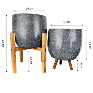 Gri Granit Toprak Saksı Saksılık Salon Çiçeklik İkili Set 3 Ayaklı- 4 Ayaklı- 19 Cm